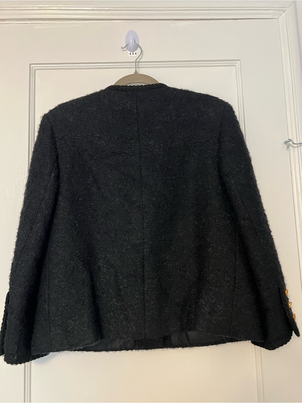 Black Bouclé Jacket Gold Chain Buttons Collarless Lady Jacket - Picture 8 of 8